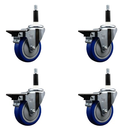 Service Caster 4'' Blue Poly Swivel 7/8'' Expanding Stem Caster Set with Brake, 4PK SCC-EX20S414-PPUB-BLUE-PLB-78-4